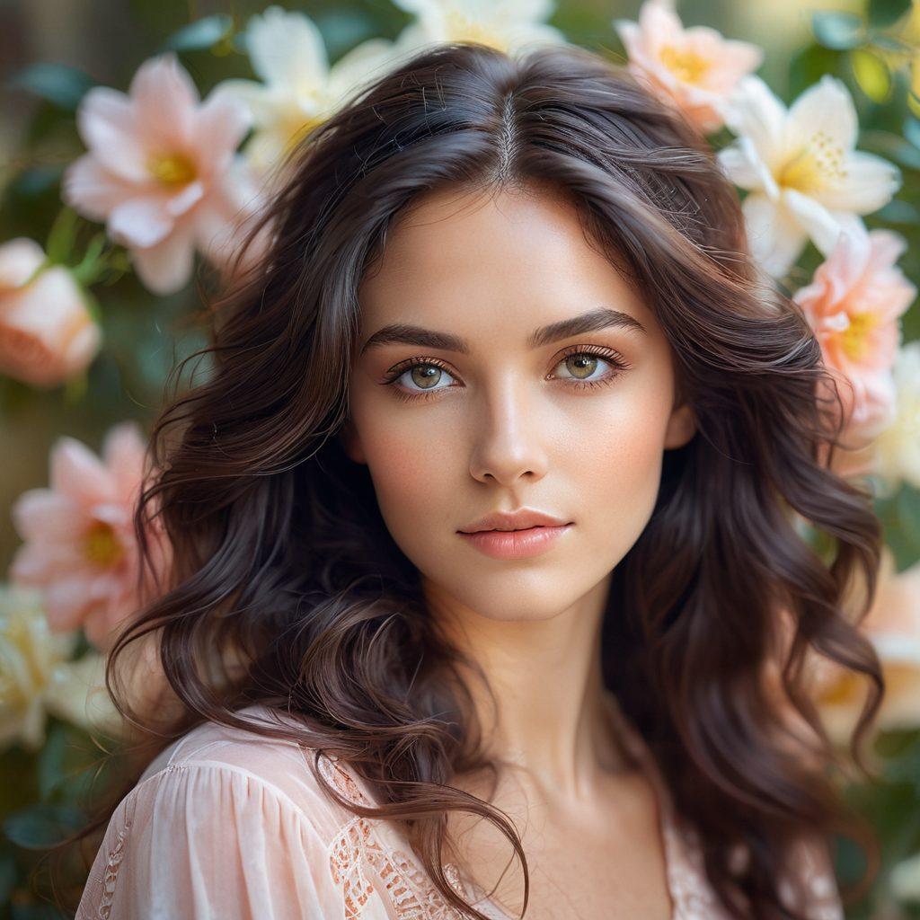 A close-up of a woman with radiant, flowing hair illuminated by soft, warm light, capturing an intimate and dreamy atmosphere. The background features blurred, ethereal florals that enhance the sensuality of the composition. The woman's expression is alluring yet serene, inviting the viewer into a moment of beauty and grace. Incorporate soft pastel colors to accentuate the gentle vibe of the image. super-realistic. soft focus. vibrant pastel colors.